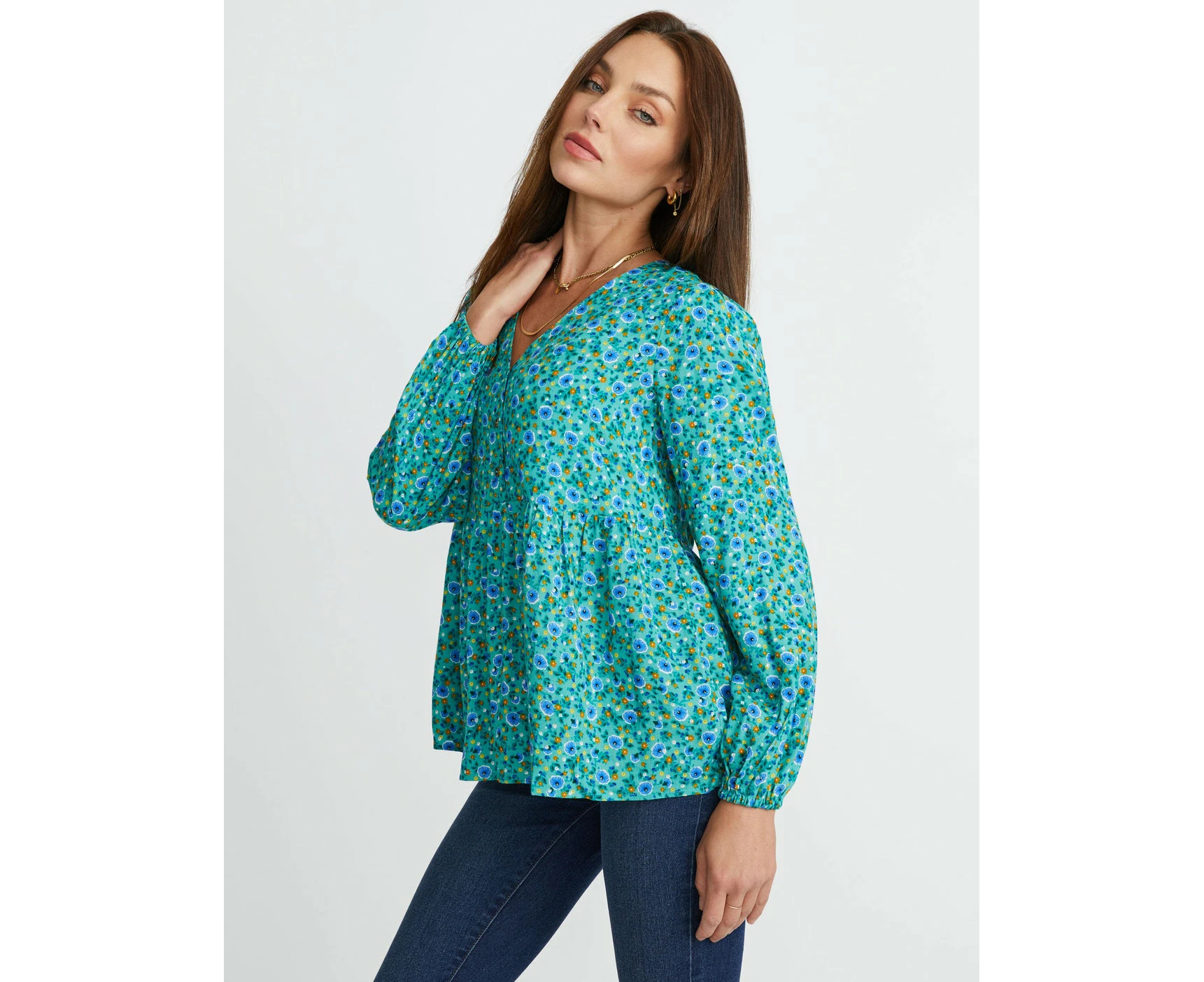 Rockmans - Womens - Tops - Winter - Blouse / Shirt - Green - Long Sleeve - V Neck - Floral Turquoise Ditsy - Length : Long - Relaxed Fit - Clothes