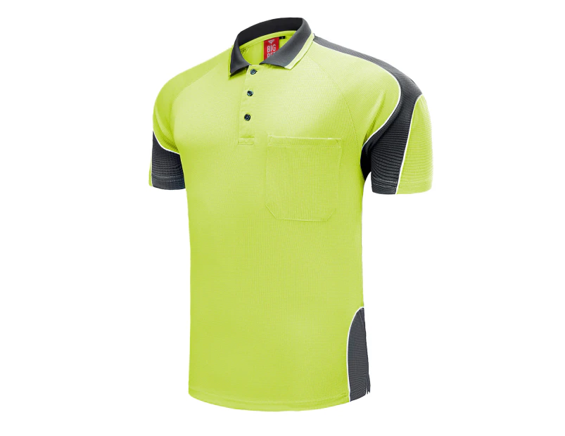 Big BEE Panel Polo Shirt Mens Workwear Short Sleeve Pocket Sport Cool Black Blue Pink Hi Vis - YELLOW/GREY