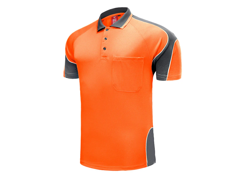 Big BEE Panel Polo Shirt Mens Workwear Short Sleeve Pocket Sport Cool Black Blue Pink Hi Vis - ORANGE/GREY