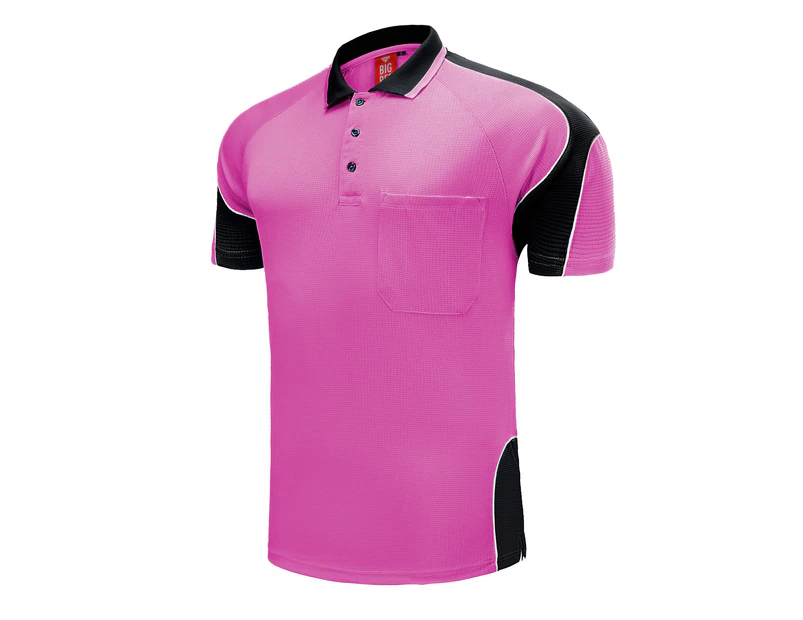 Big BEE Panel Polo Shirt Mens Workwear Short Sleeve Pocket Sport Cool Black Blue Pink Hi Vis - Pink Black