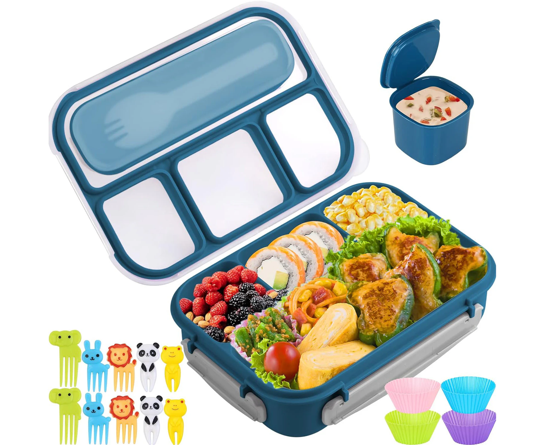 4 Compartments Bento Lunch Box Microwave Safe Bento Boxes Food Storage Containers-Blue