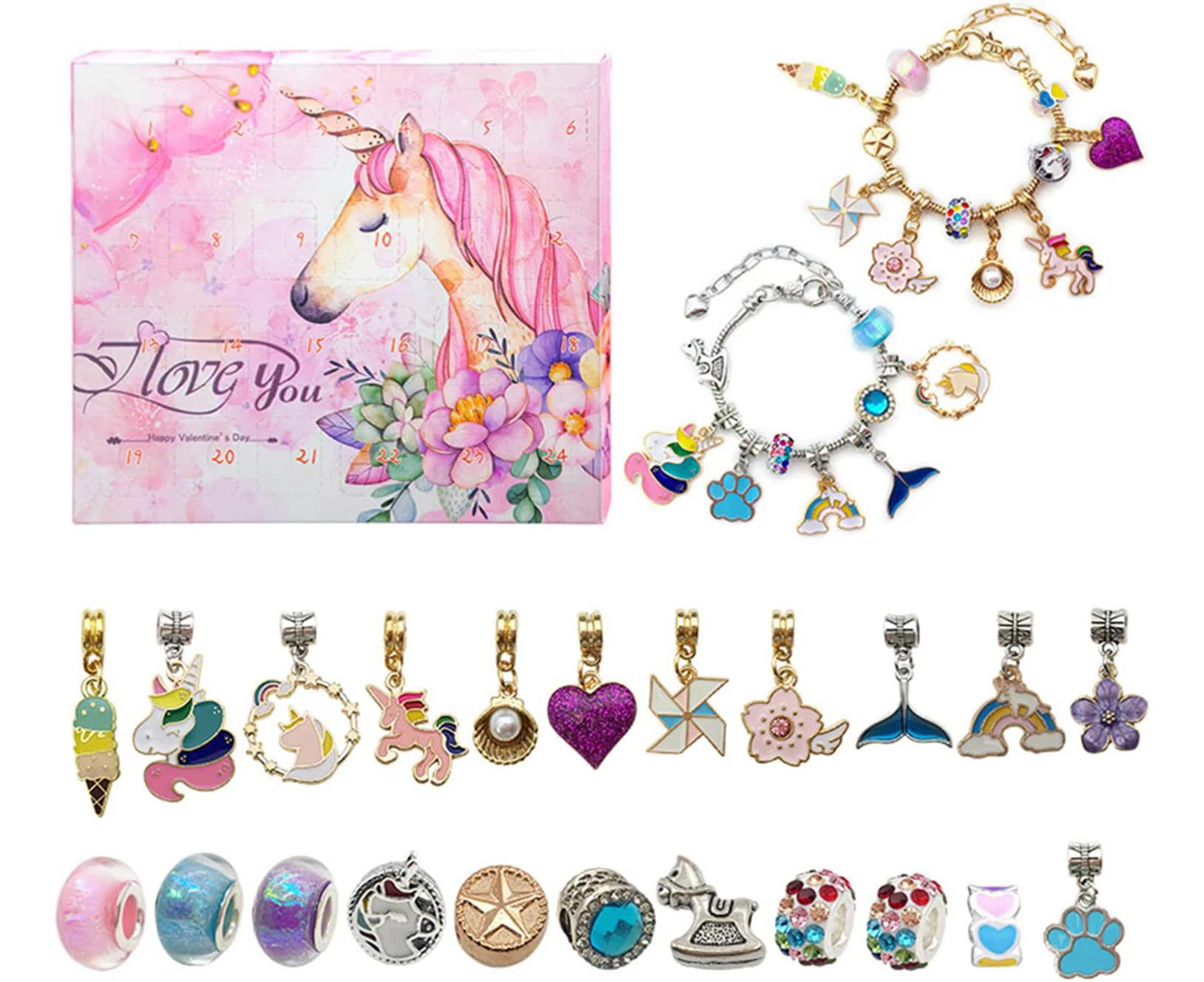 24-Days Countdown Advent Calendar Unicorn Box Charm Bracelet Set