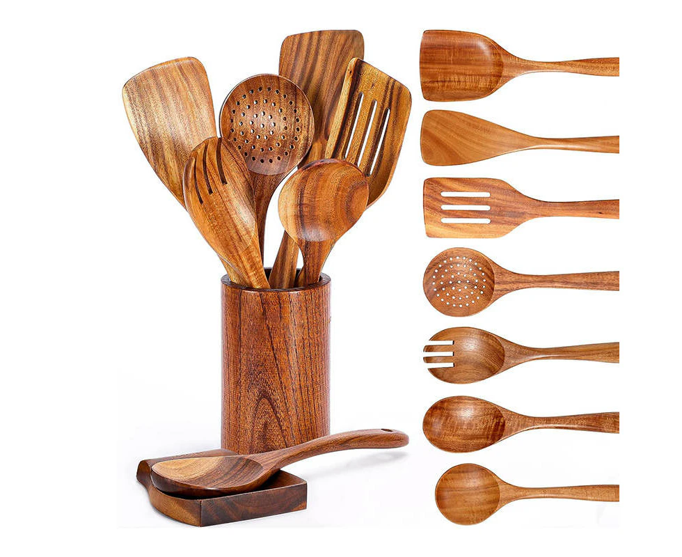 Madesmart 9 Pcs Spoons for Cooking with Rest Natural Teak Kitchen Utensils