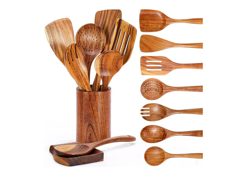 Madesmart 9 Pcs Spoons for Cooking with Rest Natural Teak Kitchen Utensils