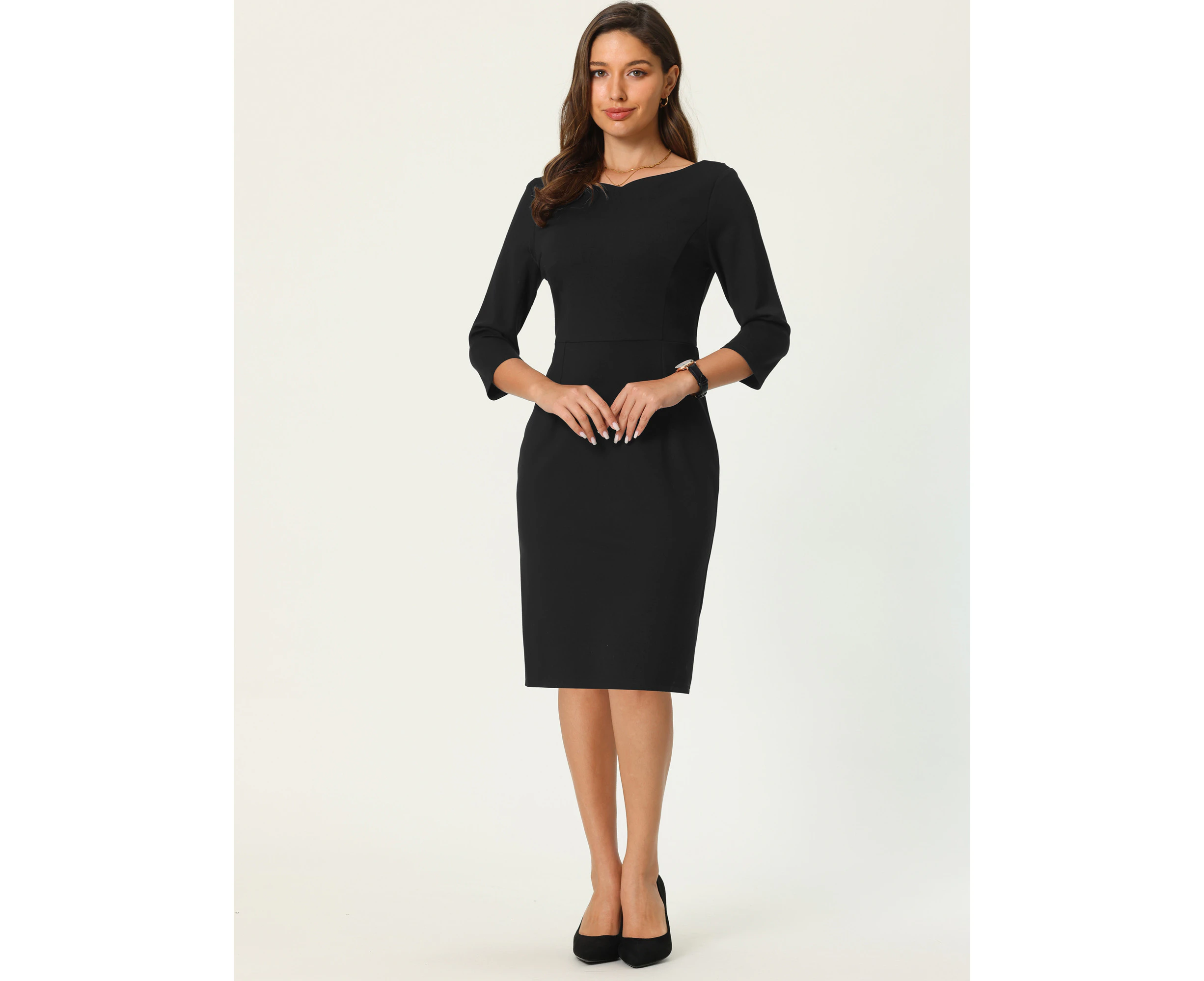 Hobemty 3/4 Sleeve Boat Neck Elegant Work Dress