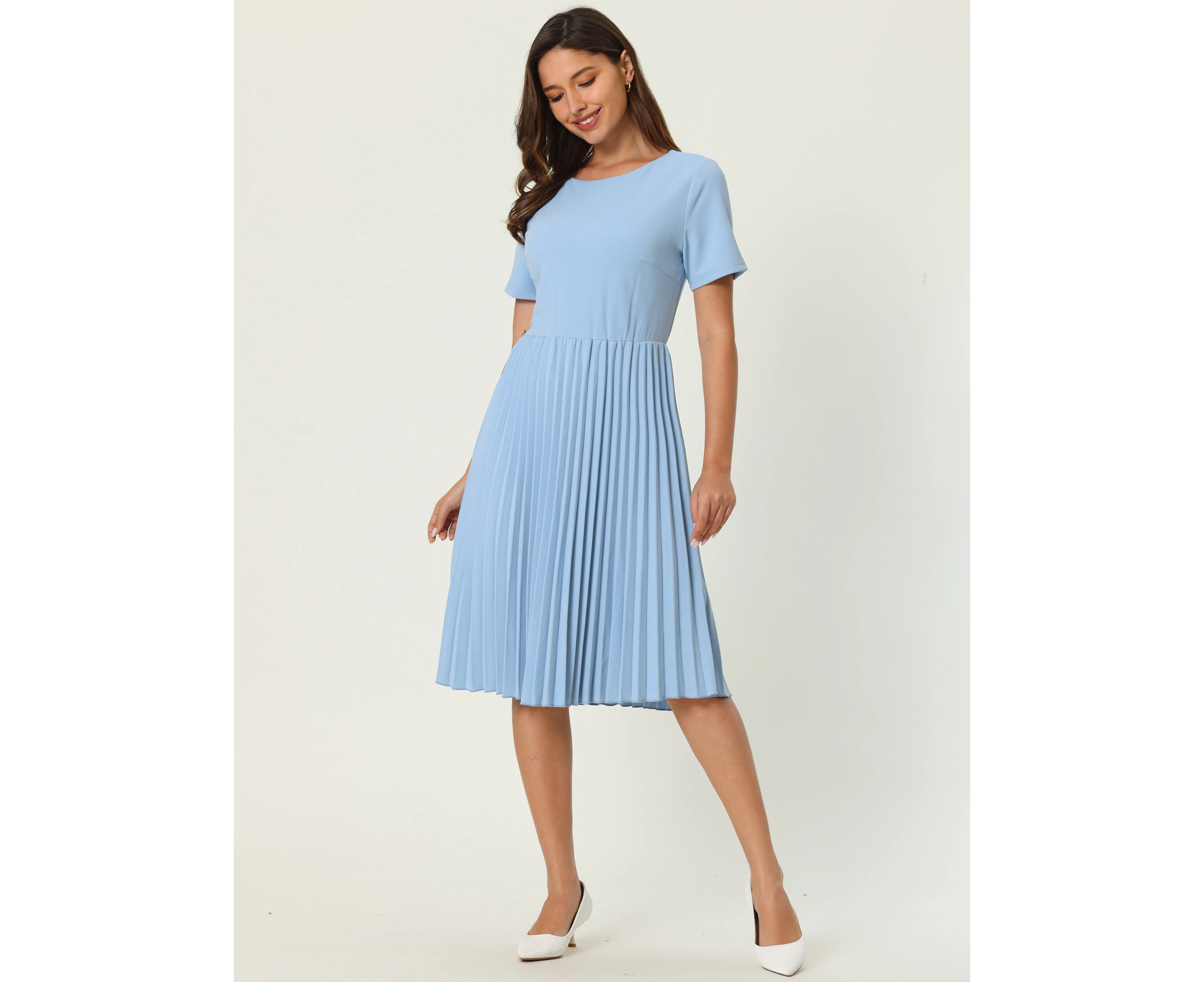 Hobemty Short Sleeve Midi A-Line Pleated Dress