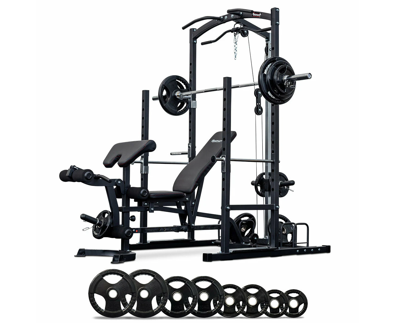 Power Rack With Lat Pulldown + Adjustable Bench + Olympic Barbell Weight Set