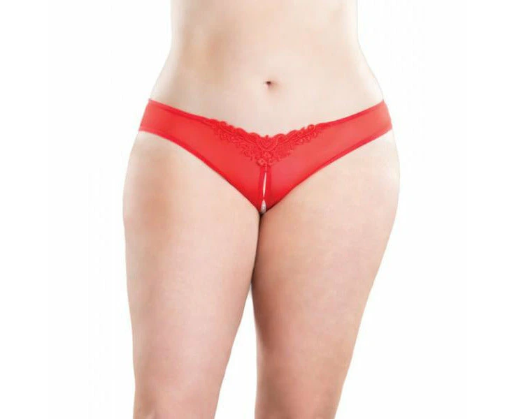 Crotchless Thong Panty with Pearls Red 1X-2X