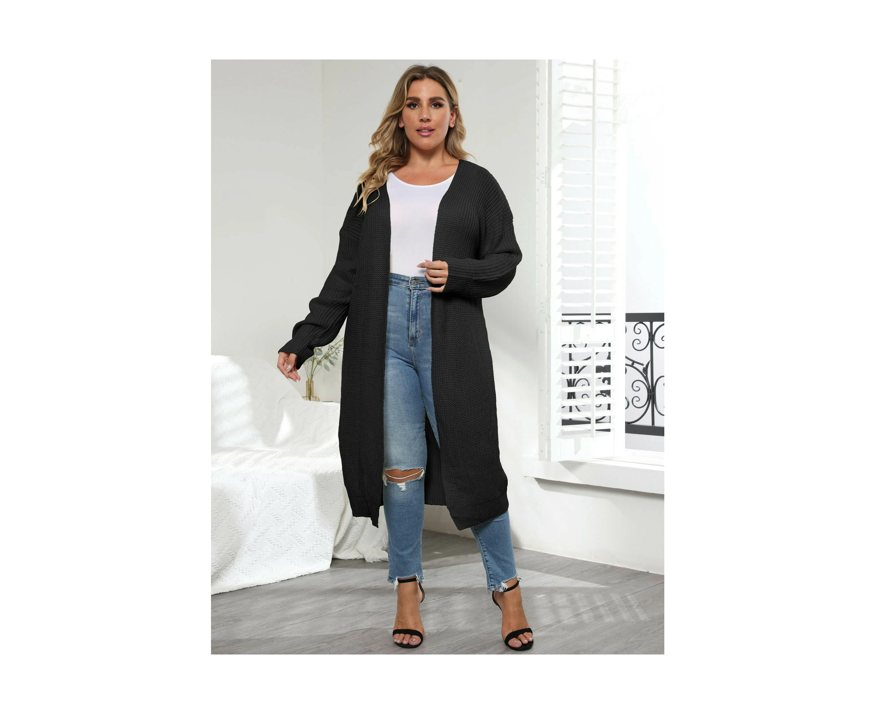 Women's Oversized Solid Long Sleeve Open Front Long Cardigan-black