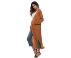 Women's Solid Open Front Maxi Long Knitted Cardigan Sweater with Pockets-Khaki