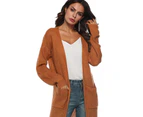 Women's Solid Open Front Maxi Long Knitted Cardigan Sweater with Pockets-Khaki