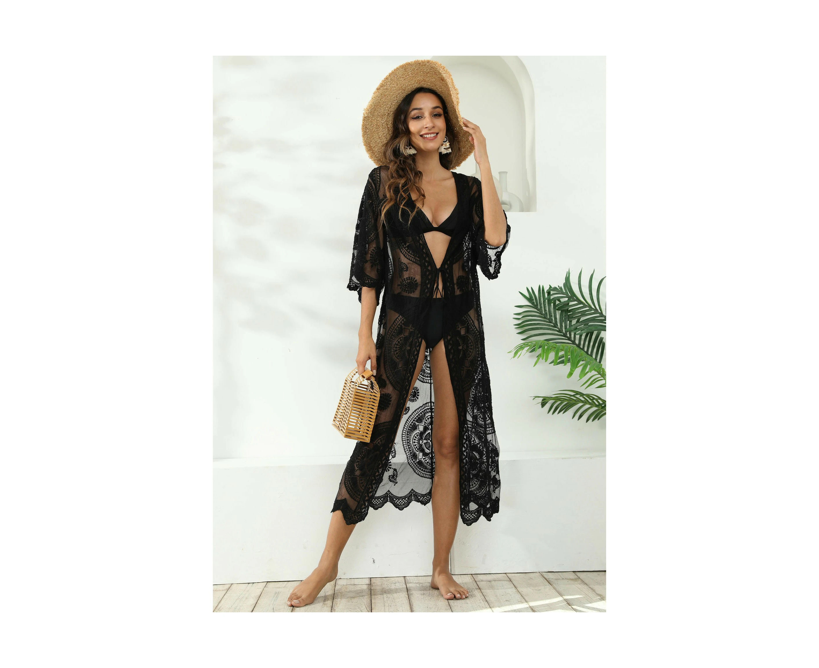 Women Sexy Lace Open Front Kimono Cardigan Long Swimsuit Cover Up-black