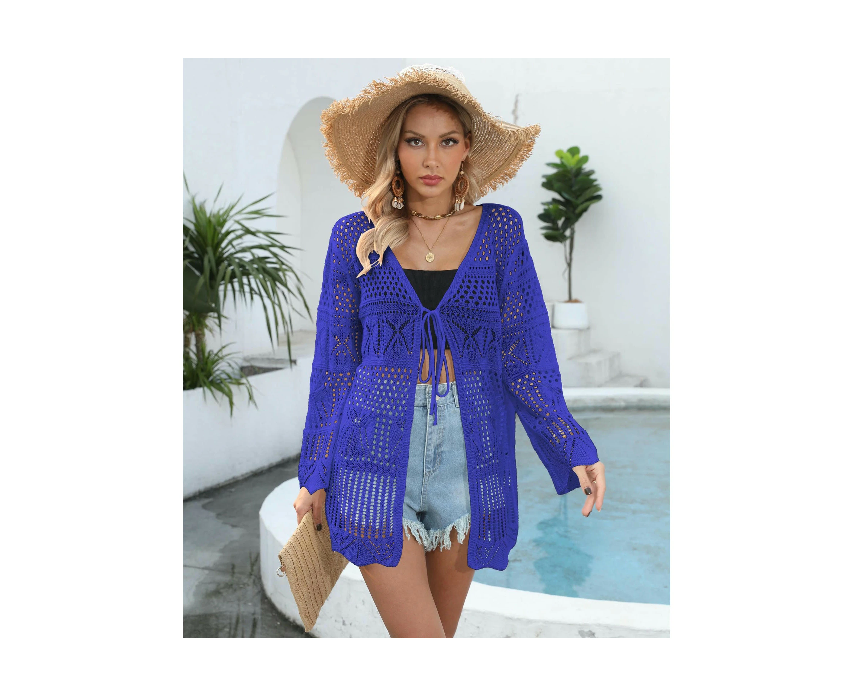 Womens Front Open Beach Bikini Swimsuit Crochet Hollow Out Cover Up Kimono Cardigan-blue