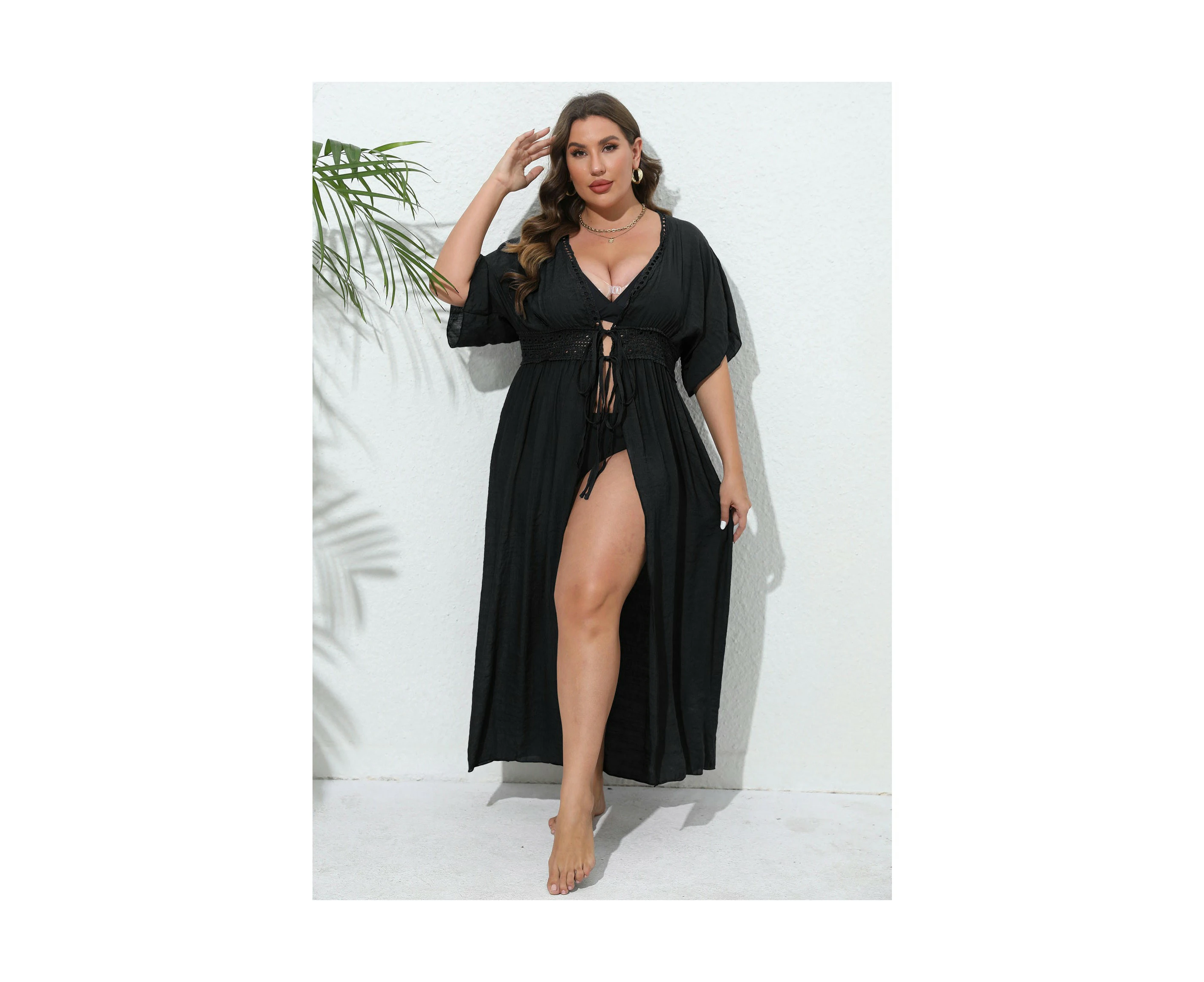 Womens Long Lace Cover up Bikini Coverups Kimono Tie Front Swimsuit Cardigan-black