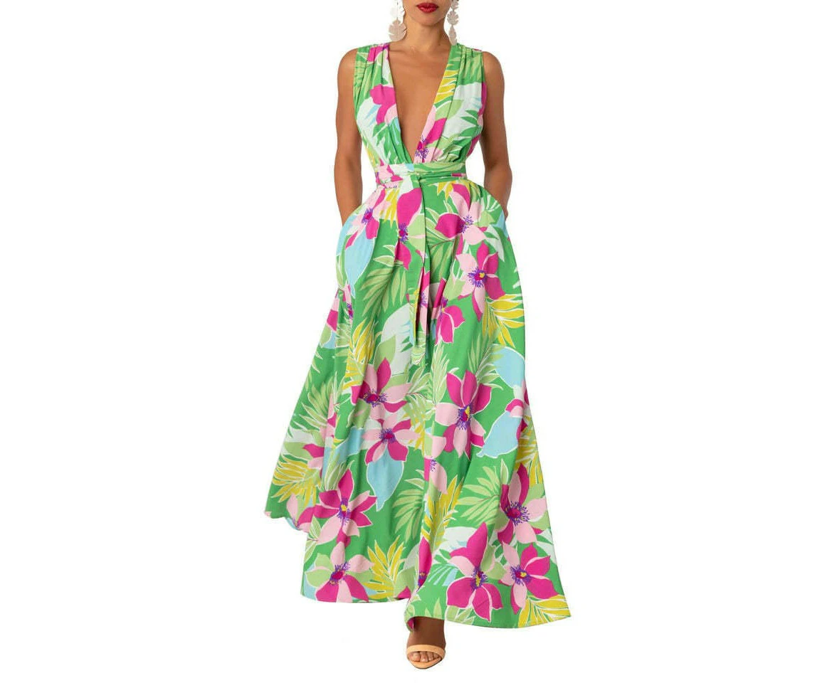 Women's Boho Floral Printed Deep V Neck Sleeveless Wrap Flowy Maxi Dress-Green print