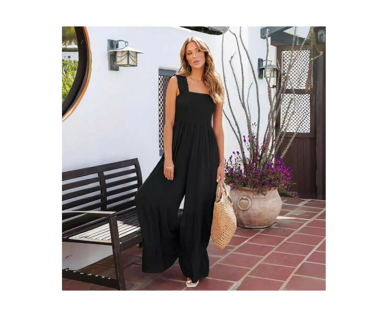 Womens High Waist Smocked Wide Leg Jumpsuits with Pocket-black