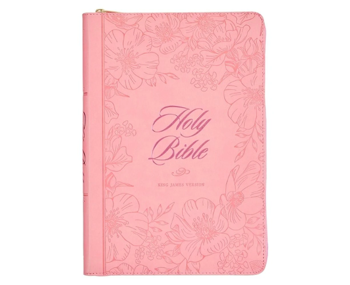 KJV Holy Bible, Thinline Large Print Faux Leather Red Letter Edition - Thumb Index & Ribbon Marker, King James Version, Pink, Zipper Closure