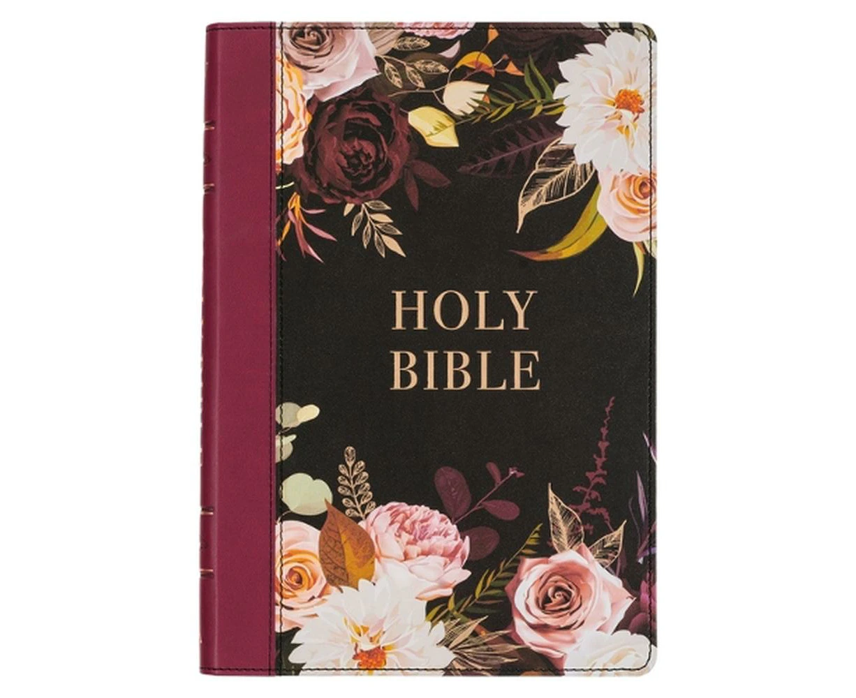 KJV Holy Bible, Thinline Large Print Faux Leather Red Letter Edition - Thumb Index & Ribbon Marker, King James Version, Black/Burgundy Printed Floral