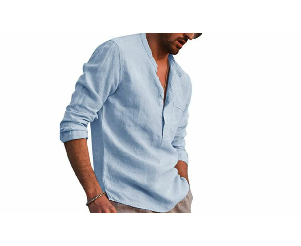 Men's Long Sleeve V-Neck Casual Linen Shirt- Blue