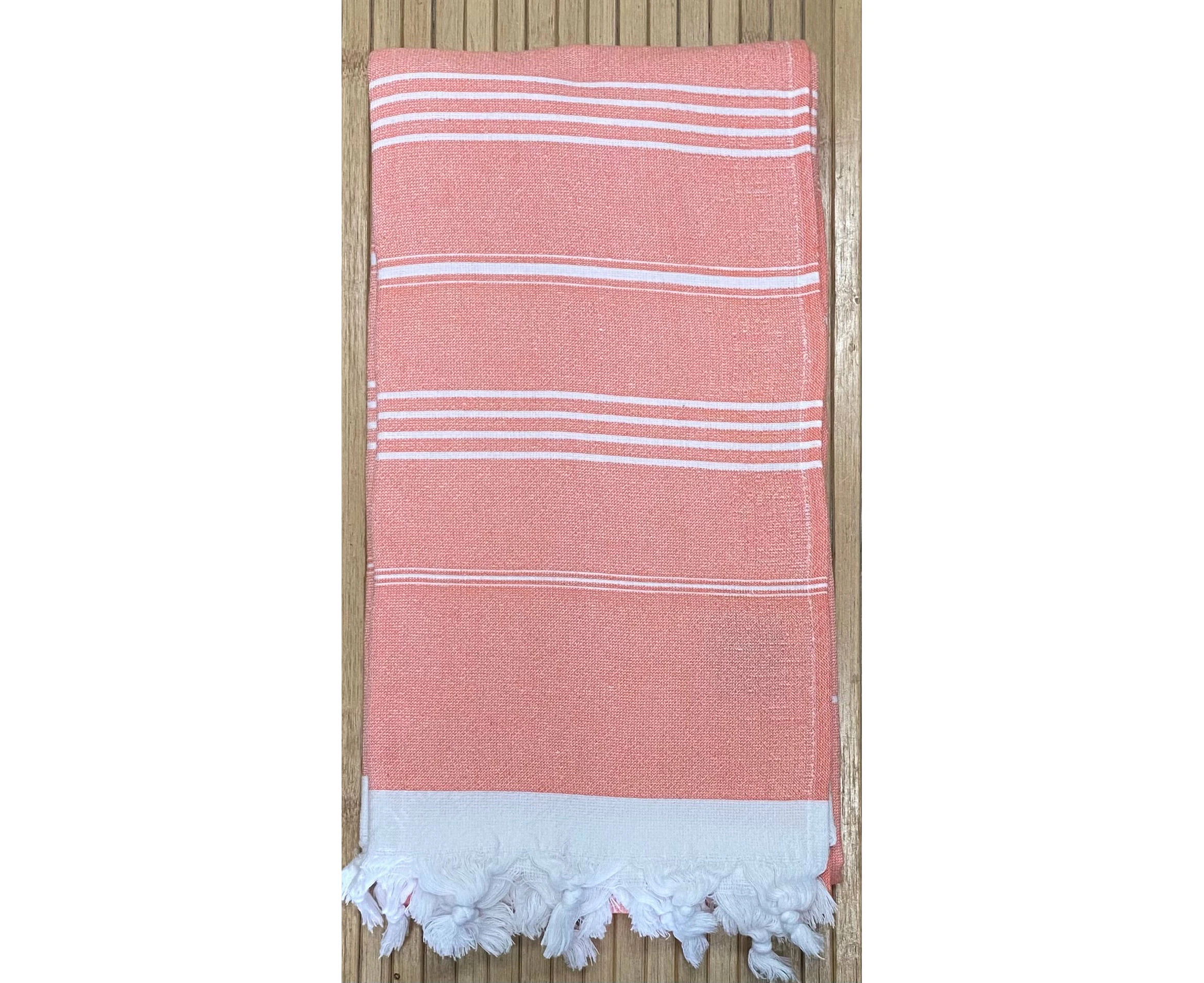 Turkish Terry Beach Towels - Peach thin white stripes