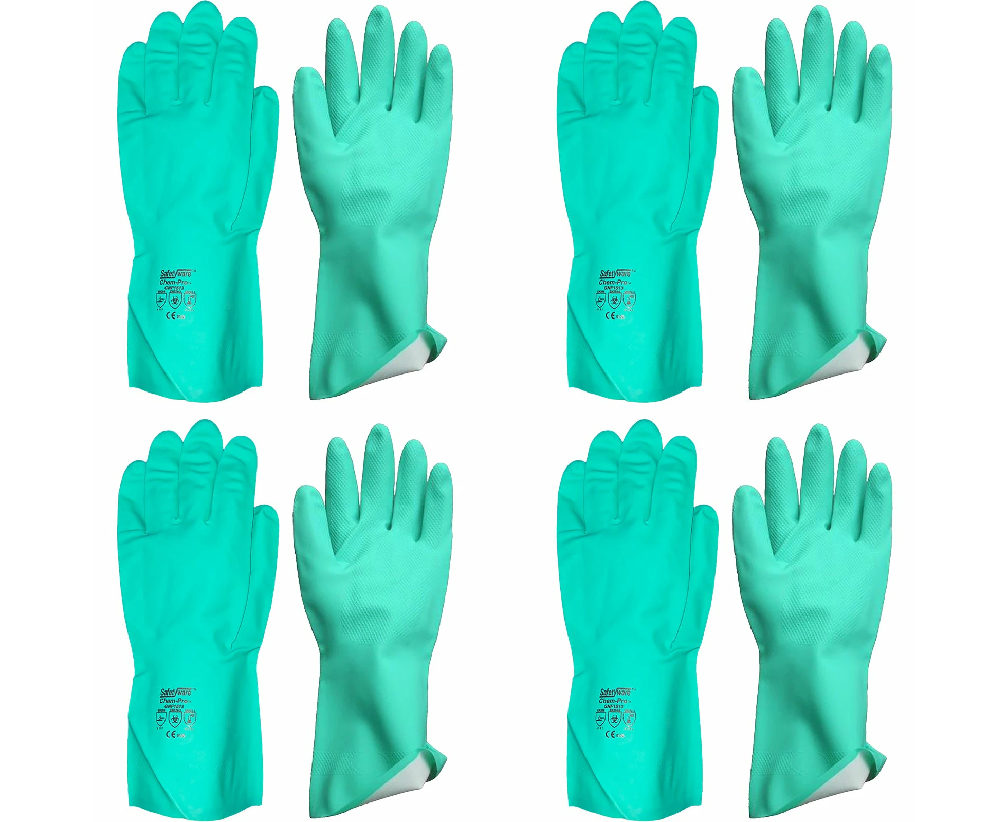 4 Pair Safetyware Chemical Resistant Flocklined Nitrile Safety Work Gloves Bulk 15mil Thick Green for Cleaning Oil Dishwashing Kitchen Mechanic