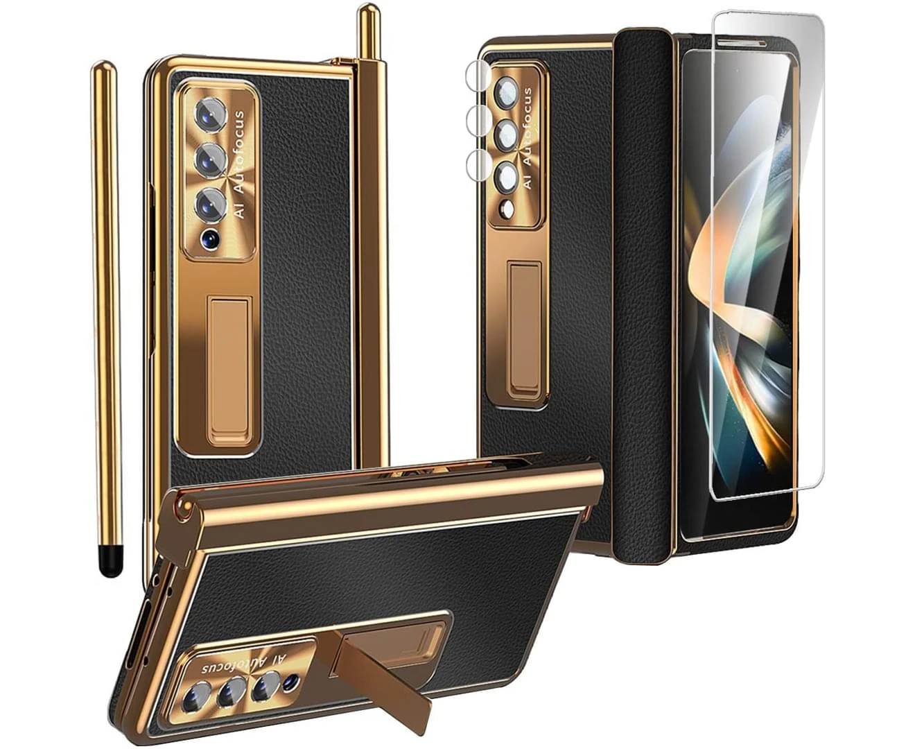 Samsung Galaxy Z Fold 4 Case with S Pen & Hinge Protection Pen Holder & Front Screen Protector, All-Inclusive Electroplate - Black Gold