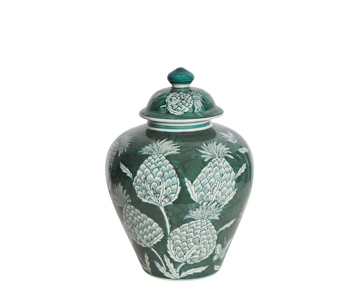 Belle Thistle Porcelain Ginger Jar w/ Lid Storage Decor Small 32x23cm Green