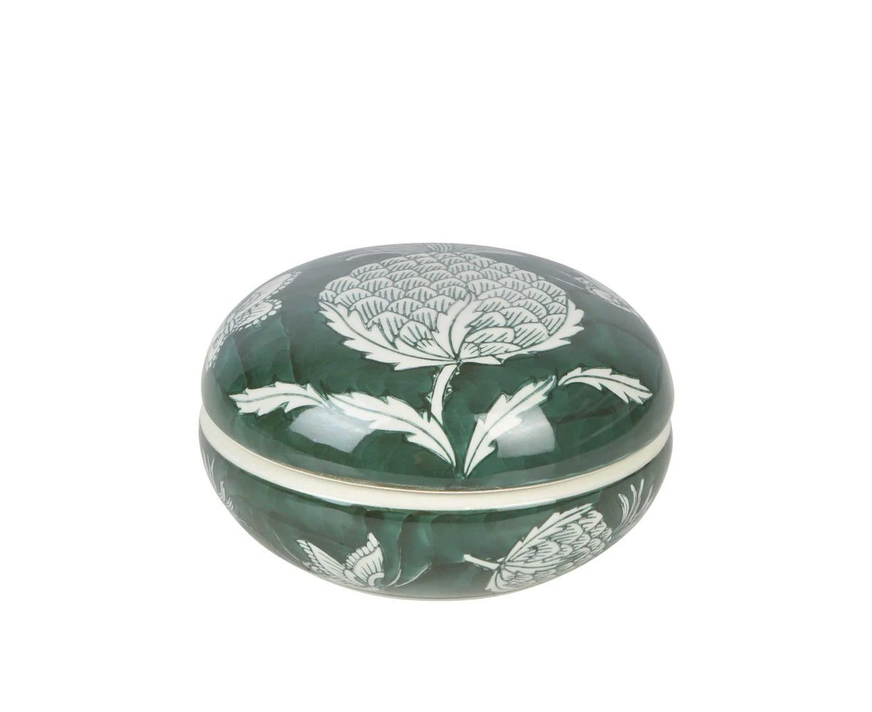 Belle Thistle Porcelain Trinket Bowl Storage w/ Lid Decor Round 15cm Green/White