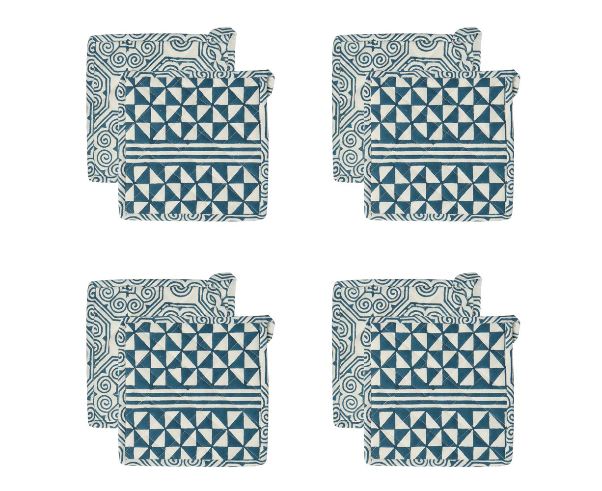 4x Belle Malta Reversible Cotton Trivet Square 21cm Kitchen Pot/Pan Holder Blue