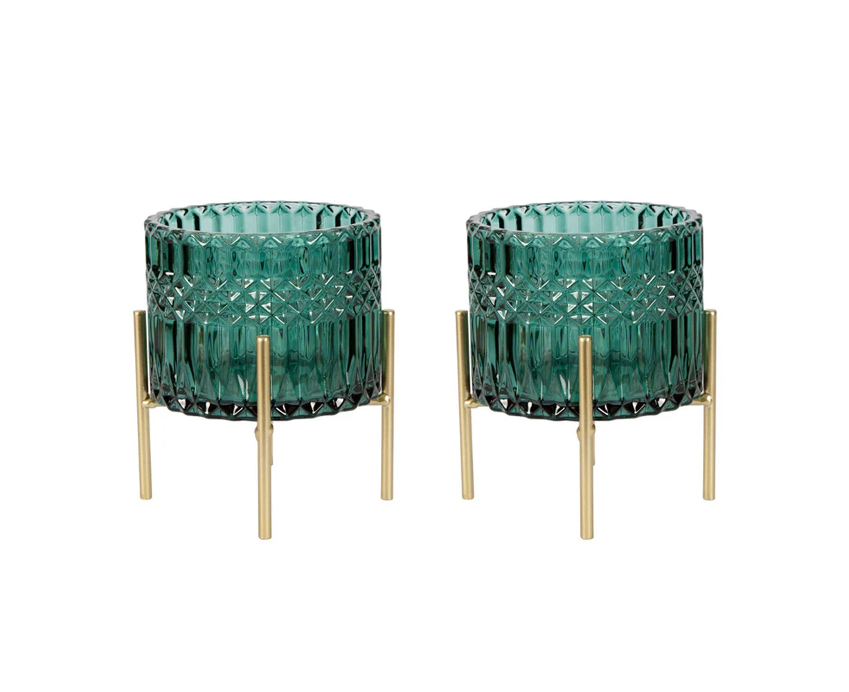 2x Belle Demi Glass/Iron  Tealight Candle Holder Storage Decor Lrg 13cm Emerald