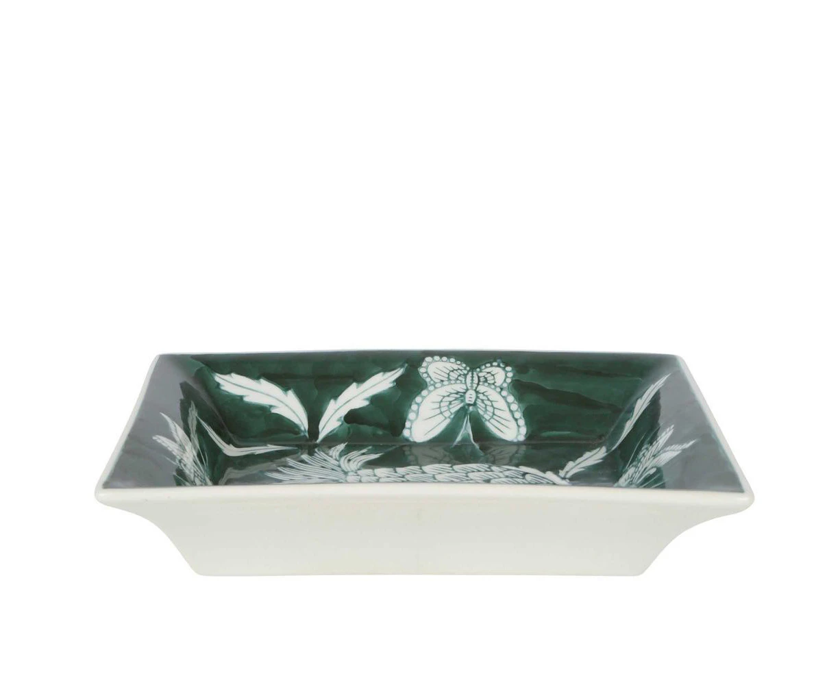 Belle Thistle Porcelain Decorative Trinket Dish Rectangle 20x16cm Green/White