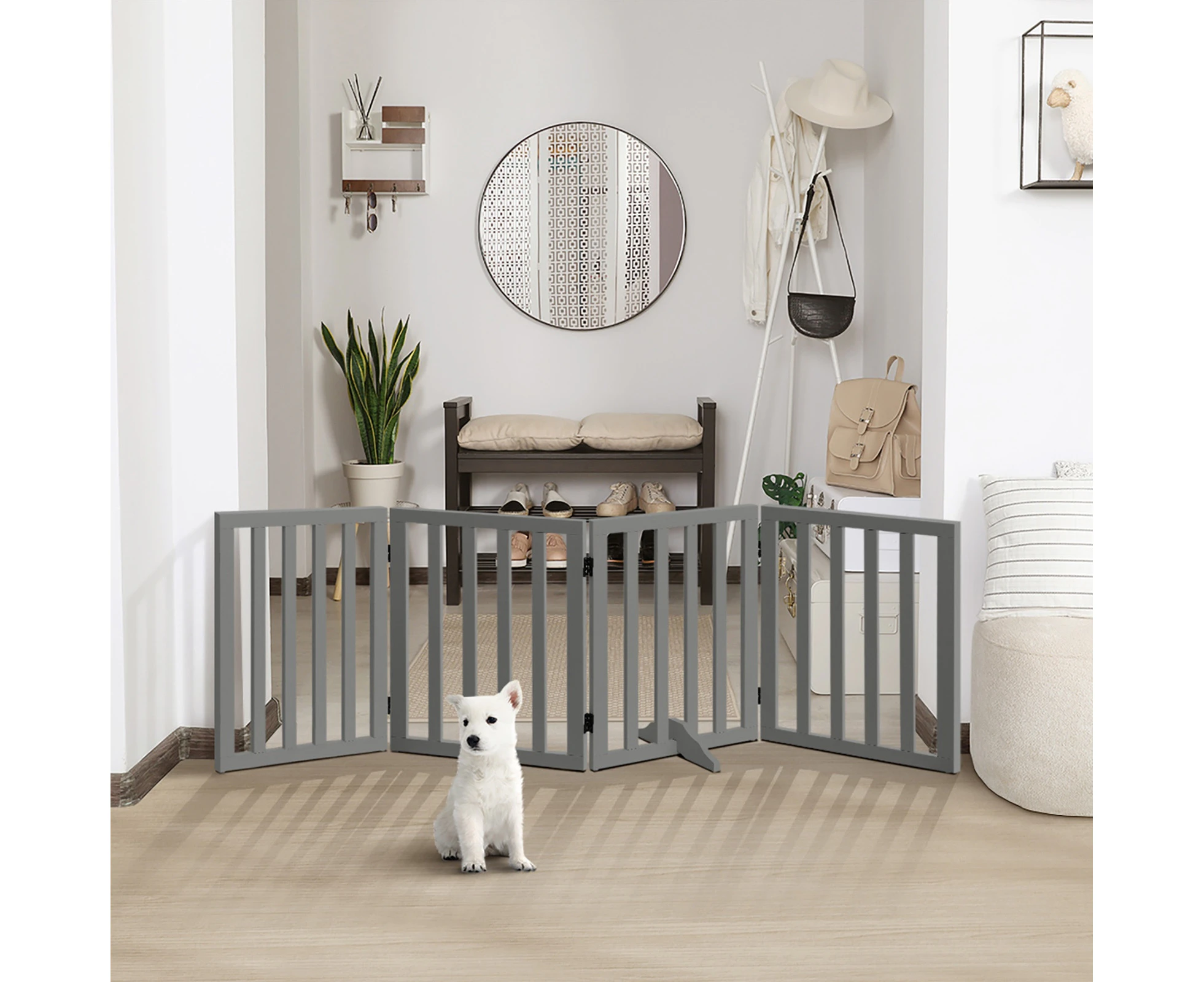 Alopet Wooden Pet Gate Dog Fence Safety Stair Barrier Security Door 4-Panel Grey