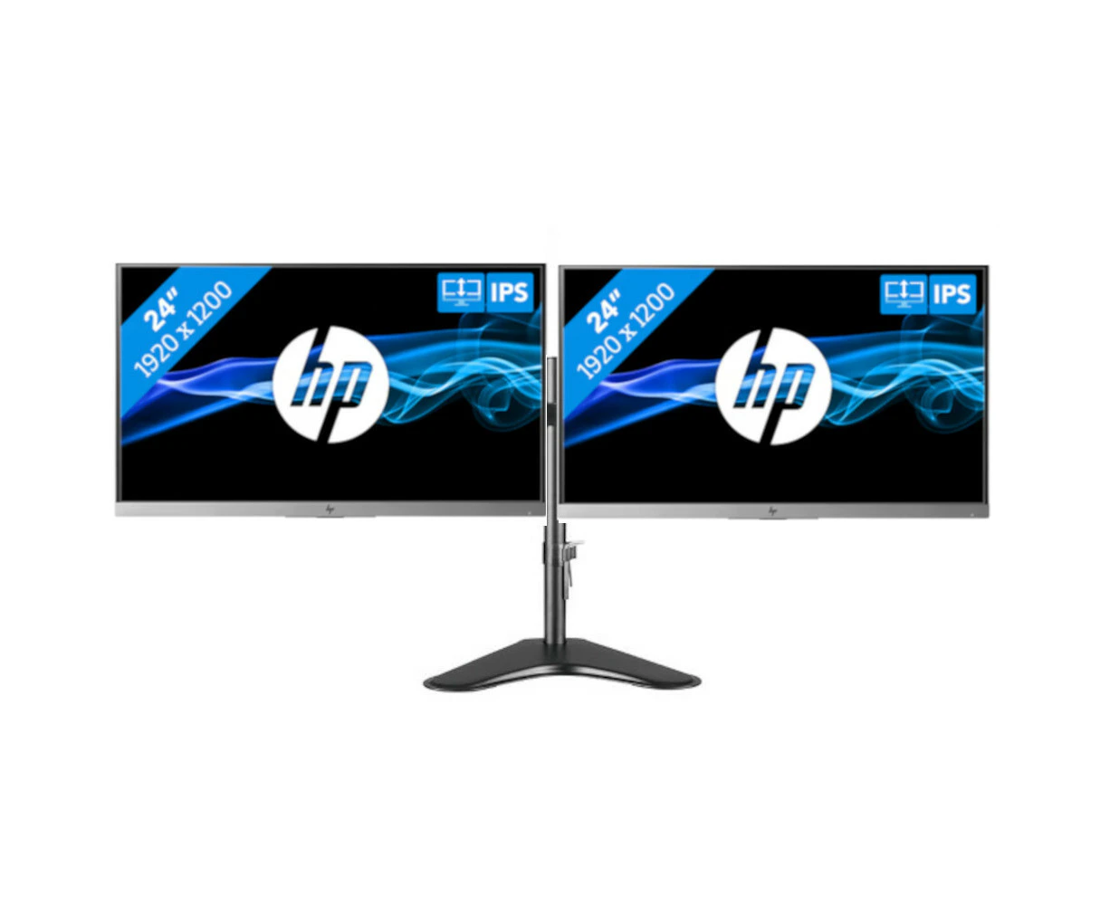 Dual HP EliteDisplay E243i 24-in IPS LED Monitor + articulating dual display mount | Refurbished - Refurbished Grade A