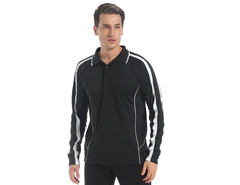 Active Polo Shirts Contrast Panel Best Cool Dry Fabric Air Mesh Long Sleeve - Black White