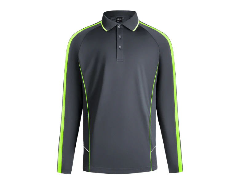 Active Polo Shirts Contrast Panel Best Cool Dry Fabric Air Mesh Long Sleeve - Charcoal Lime