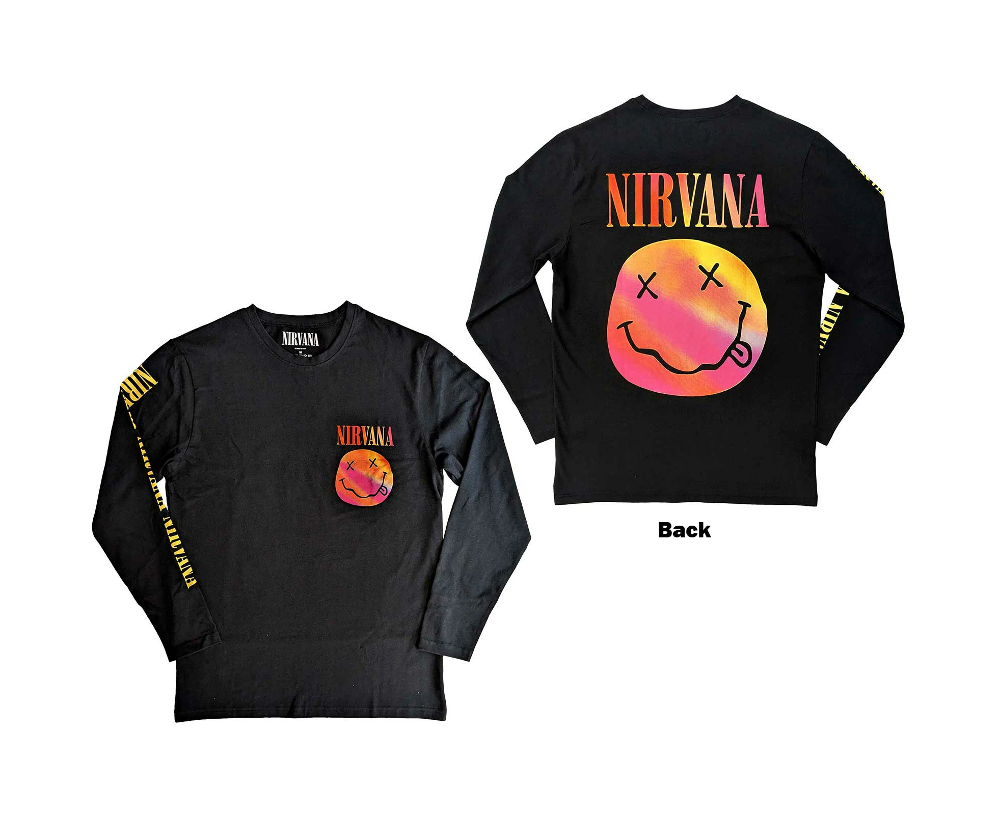 Nirvana Unisex | Official Band Long Sleeve T-Shirt | Gradient Happy Face (Back & Sleeve Print)