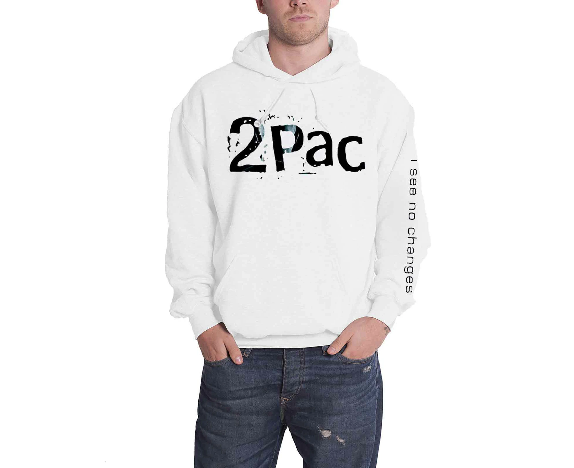 Official Mens Tupac Hoodie I See No Changes 2Pac Logo   Pullover - White