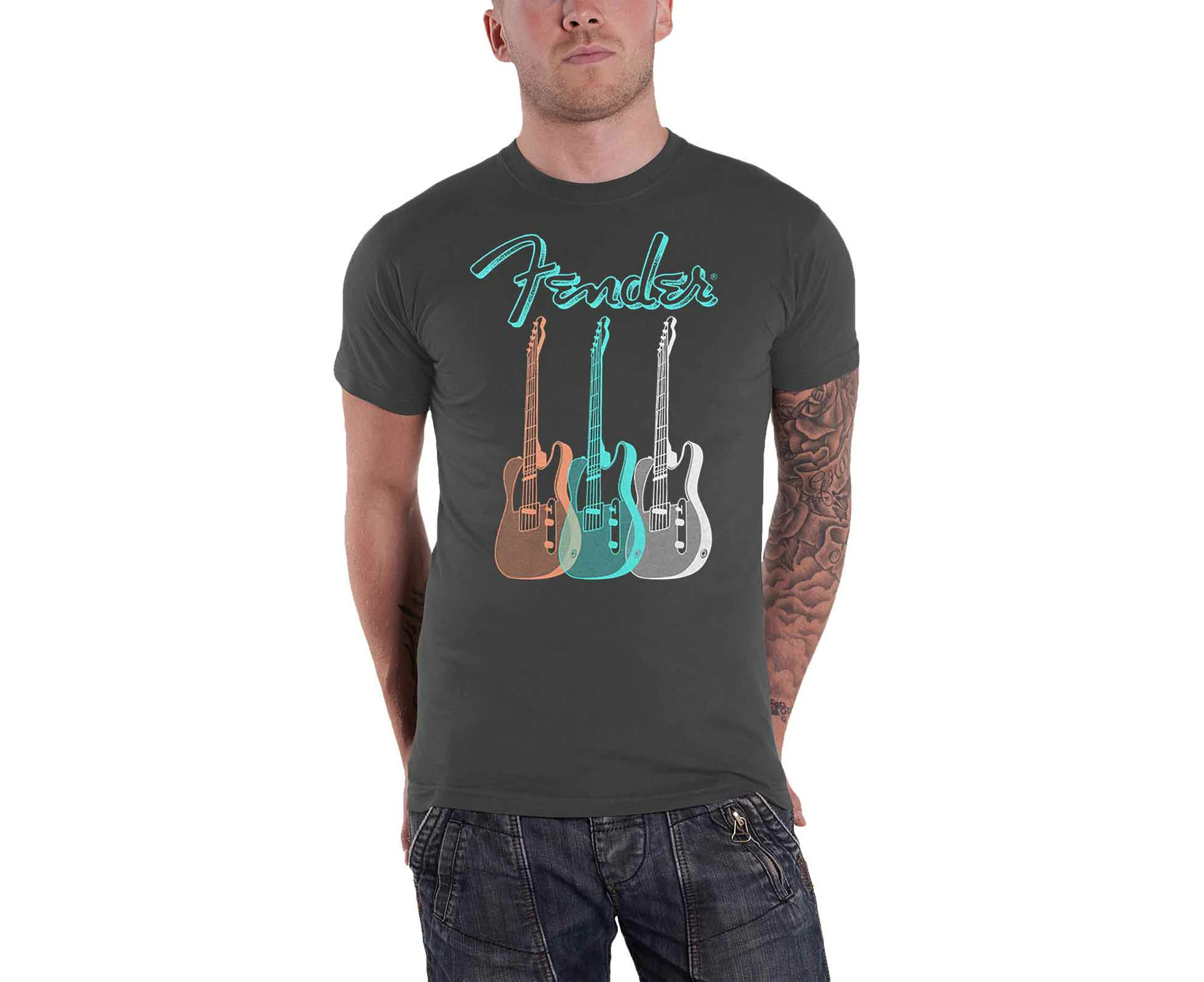 Fender T Shirt Triple Guitar Logo  Official Mens