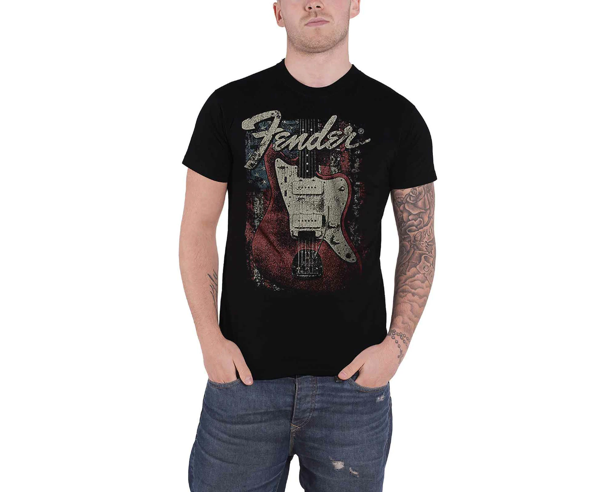 Fender T Shirt Distressed Guitar Usa Flag Logo  Official Mens