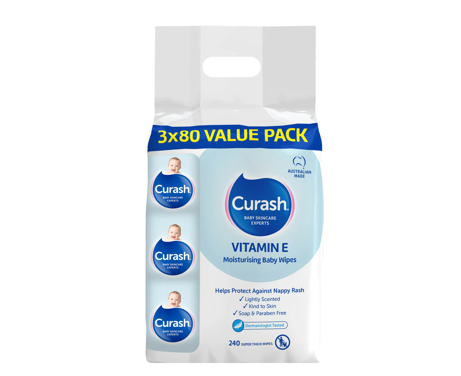 Curash Vitamin E Baby Wipes 3 x 80 Pack