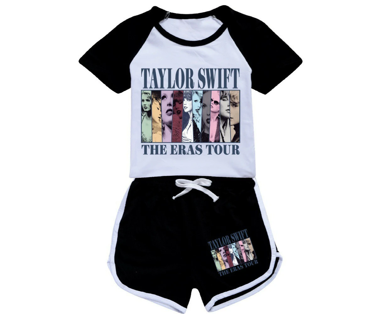 Kids Girls Taylor's Swiftie Print Summer Raglan Short Sleeve T-Shirt & Shorts Tracksuit Set Sportswear