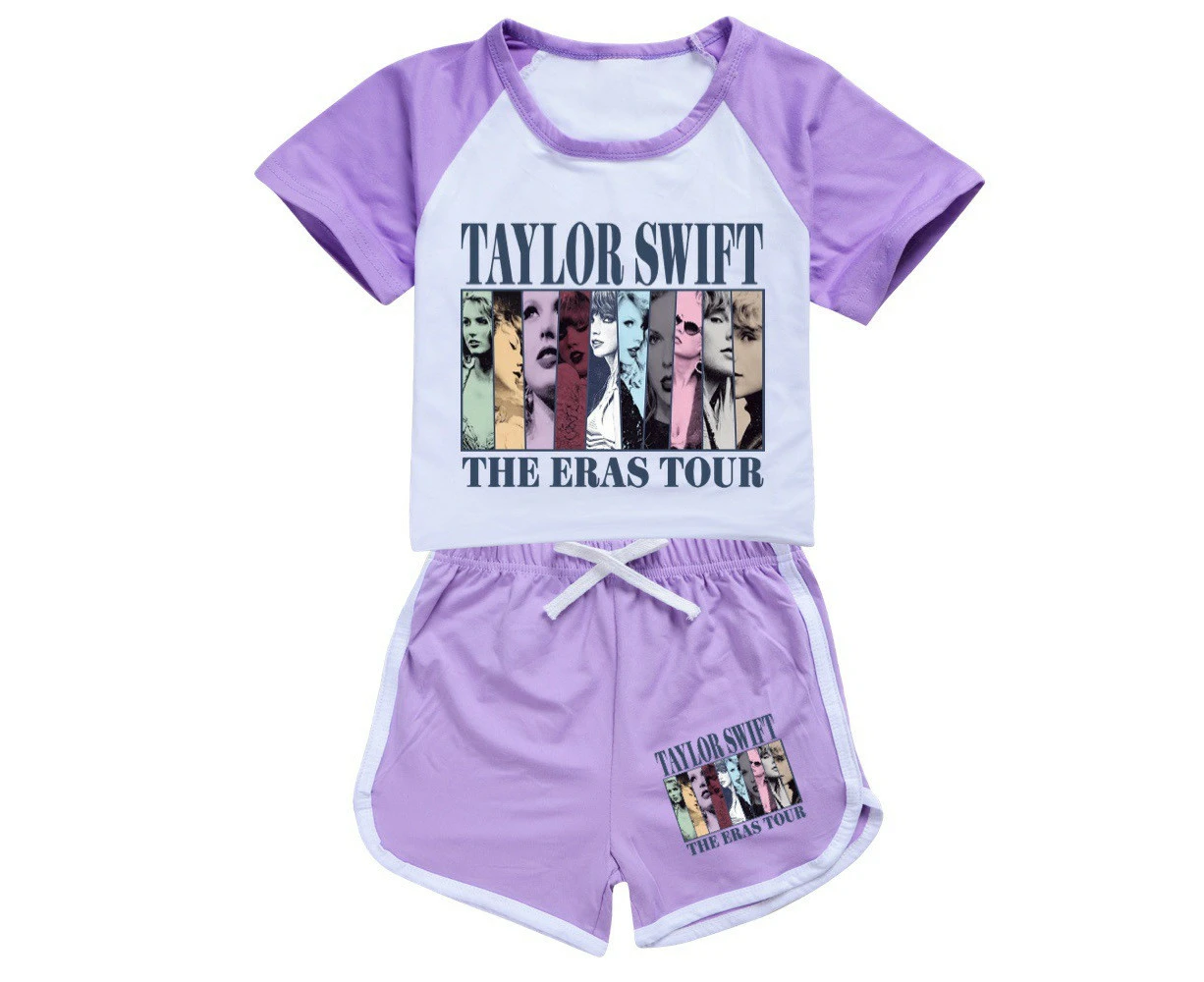 Kids Girls Taylor's Swiftie Print Summer Raglan Short Sleeve T-Shirt & Shorts Tracksuit Set Sportswear