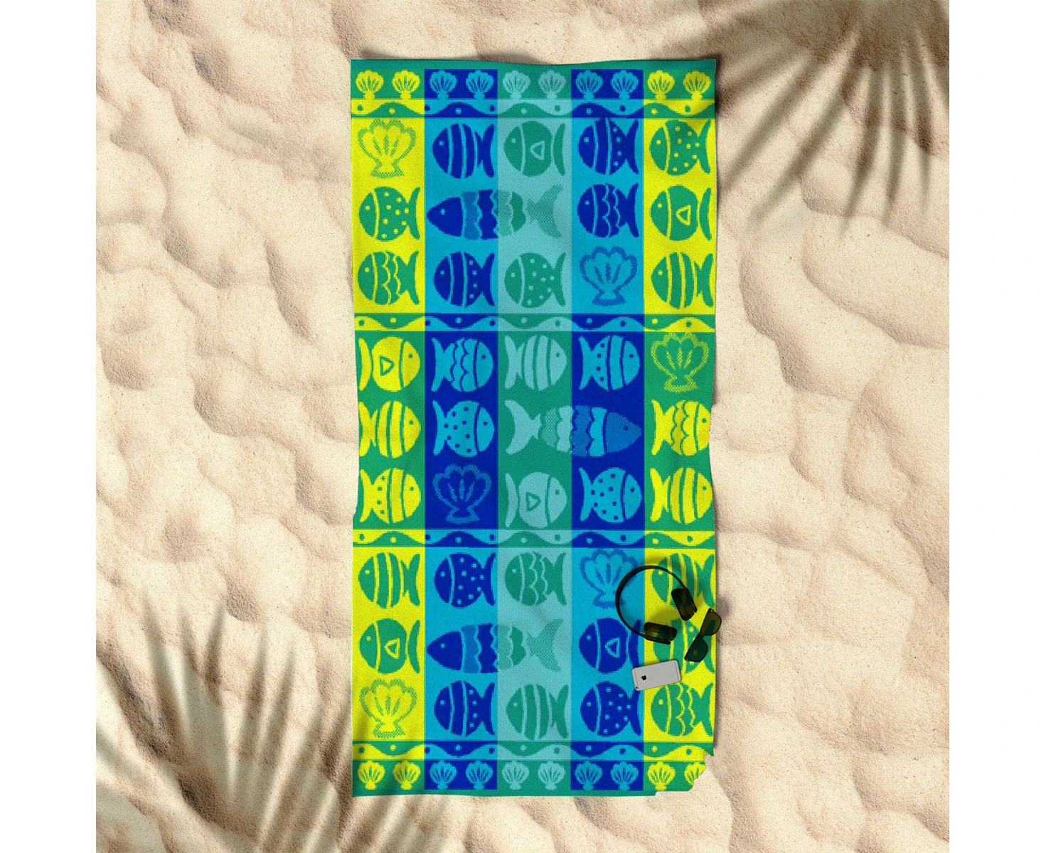 Cotton Velour Jacquard Reversible Beach Towel 400gsm Fish Shells 80 x 160cm