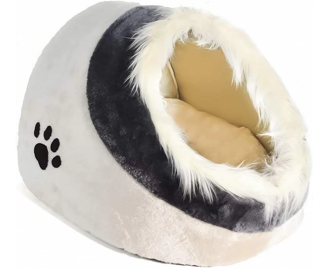 Plush Pet Bed Cave for Cat or Small Dogs Foldable Kennel in Beige