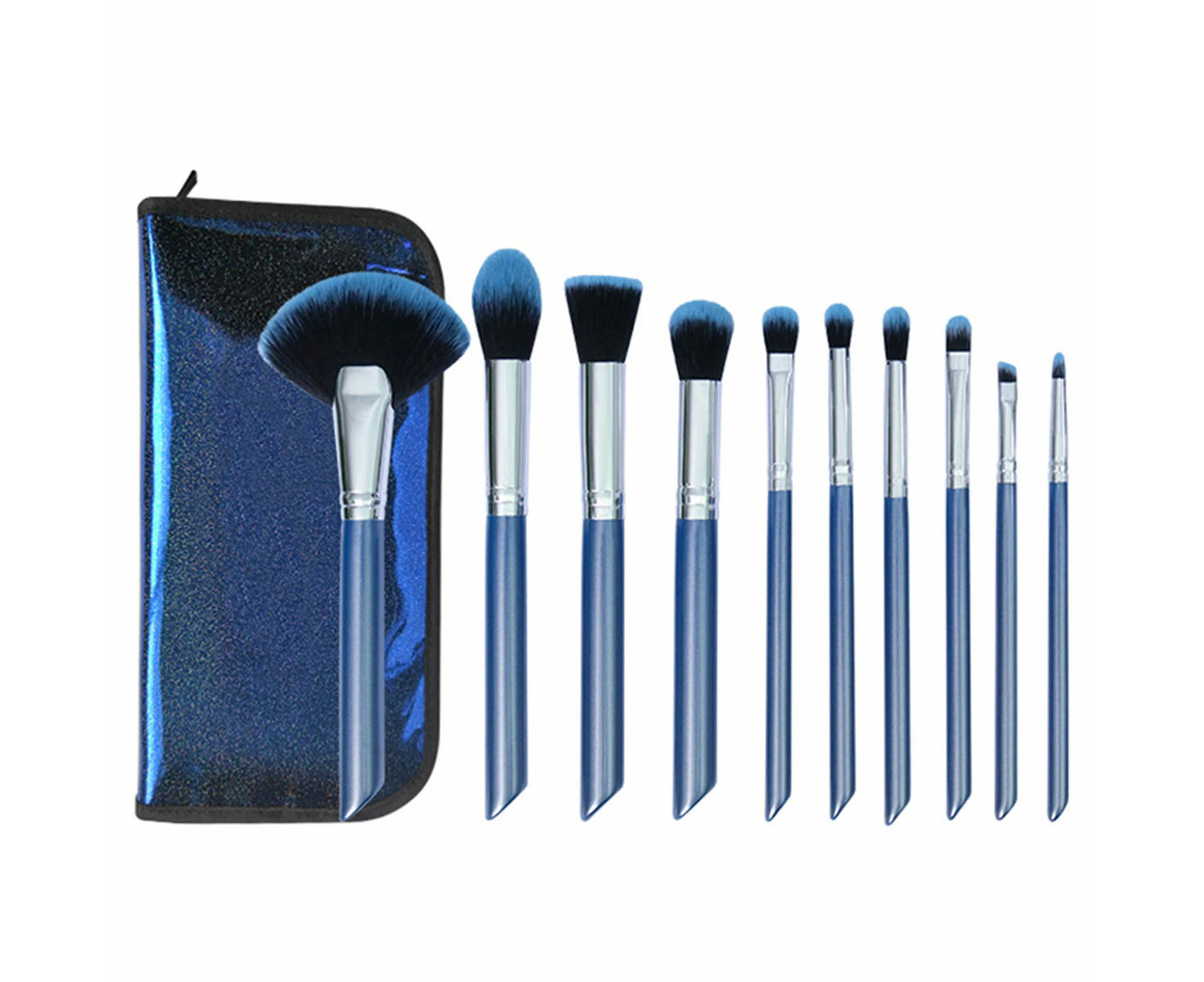 10pcs Blue Black Gradient Makeup Brush Set With Bag Premium Cosmetic Beauty Tools