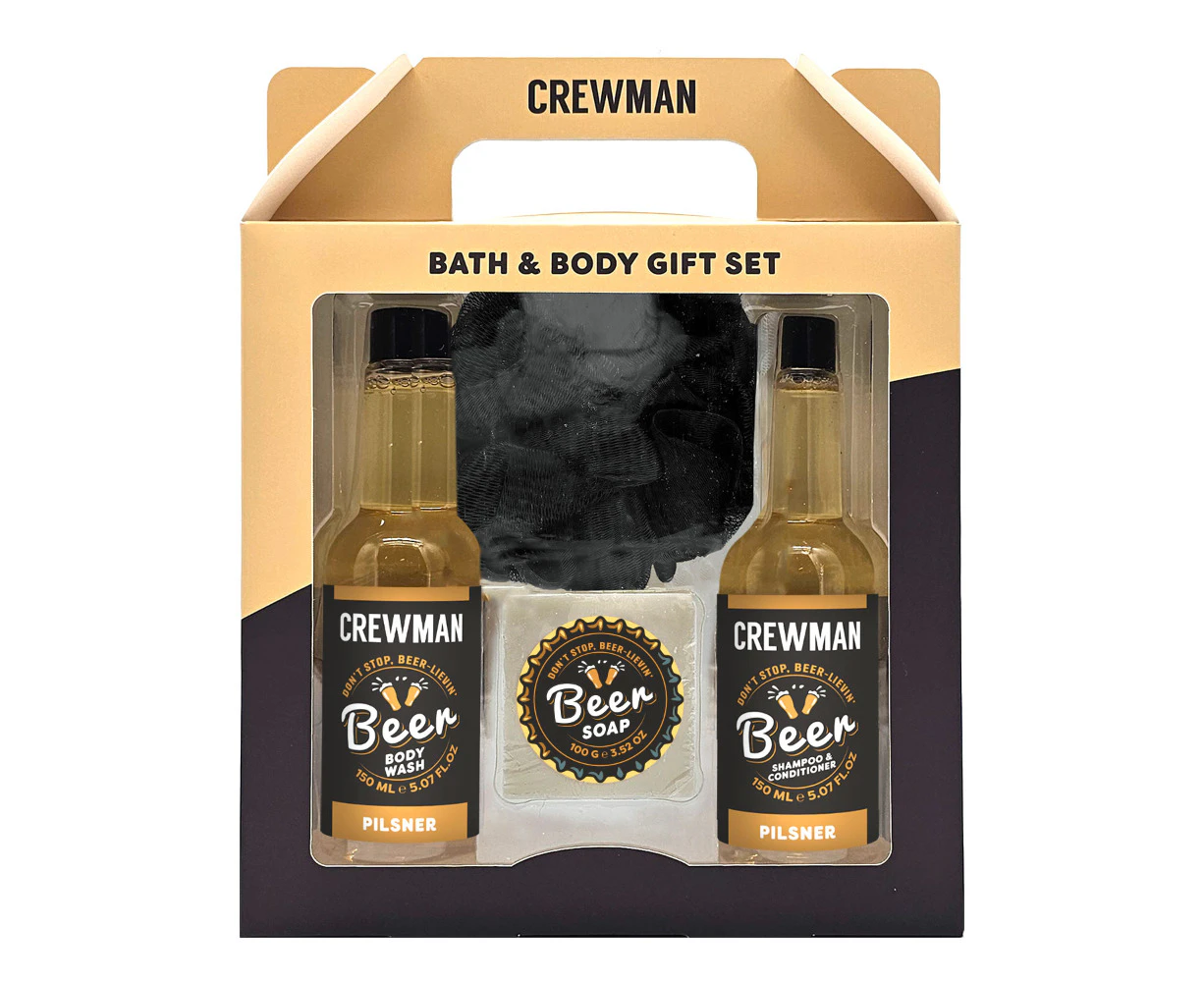 Crewman 4 Piece Body Wash Shampoo 150ml Round Soap 100g And Sponge Beer Design