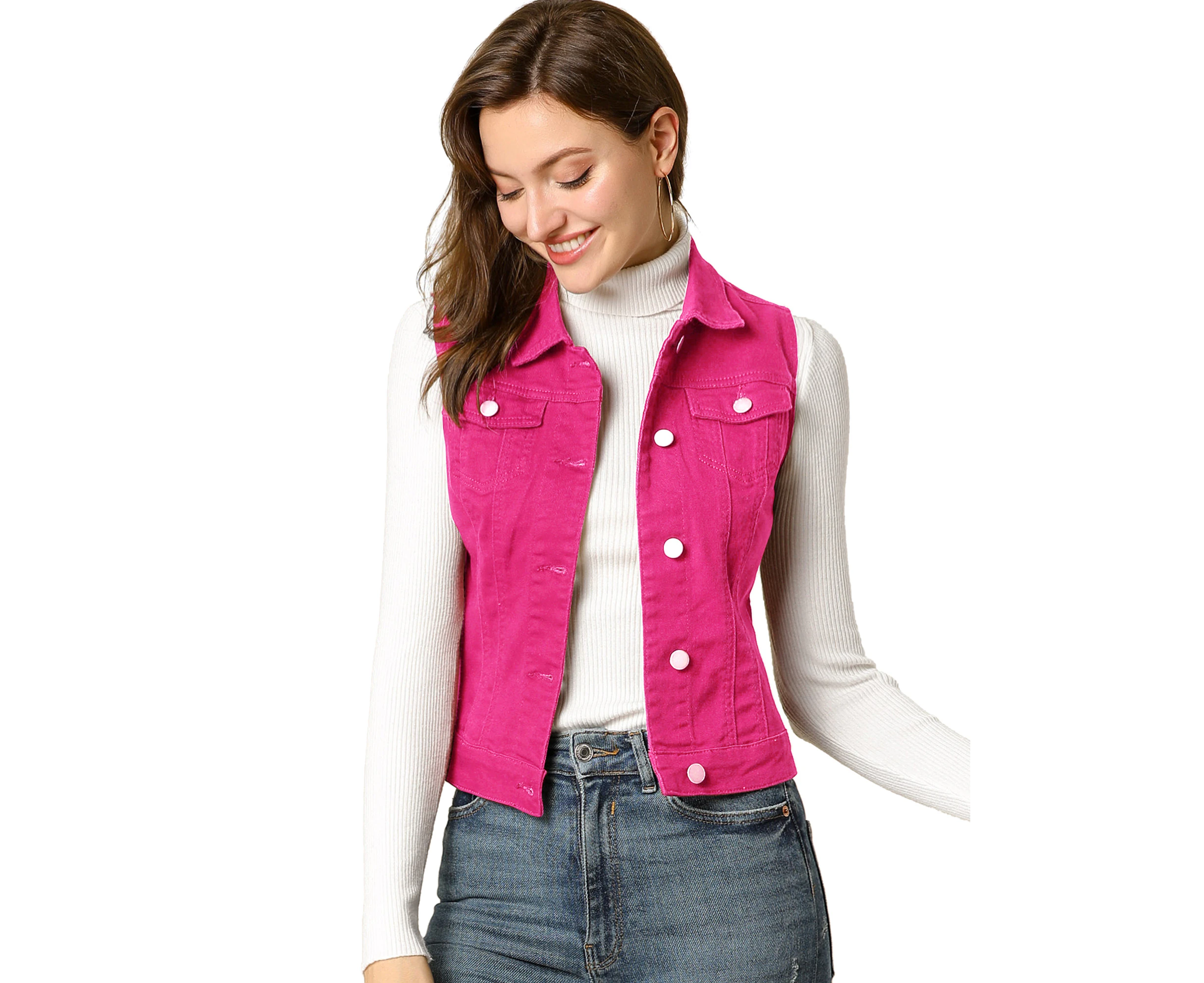 Allegra K Buttoned Washed Denim Vest Jacket - Fuchsia - Fuchsia