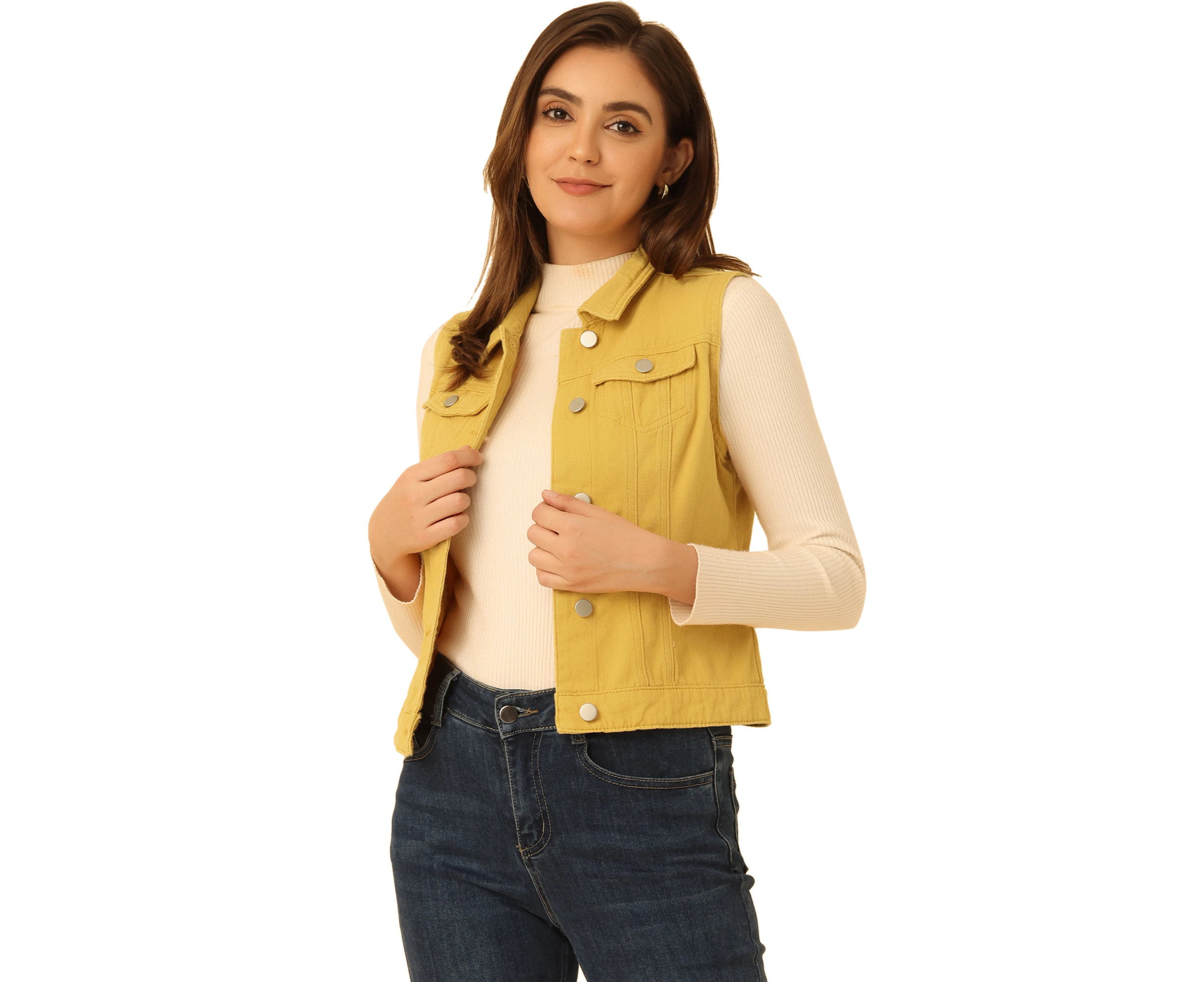 Allegra K Buttoned Washed Denim Vest Jacket - Yellow - Yellow