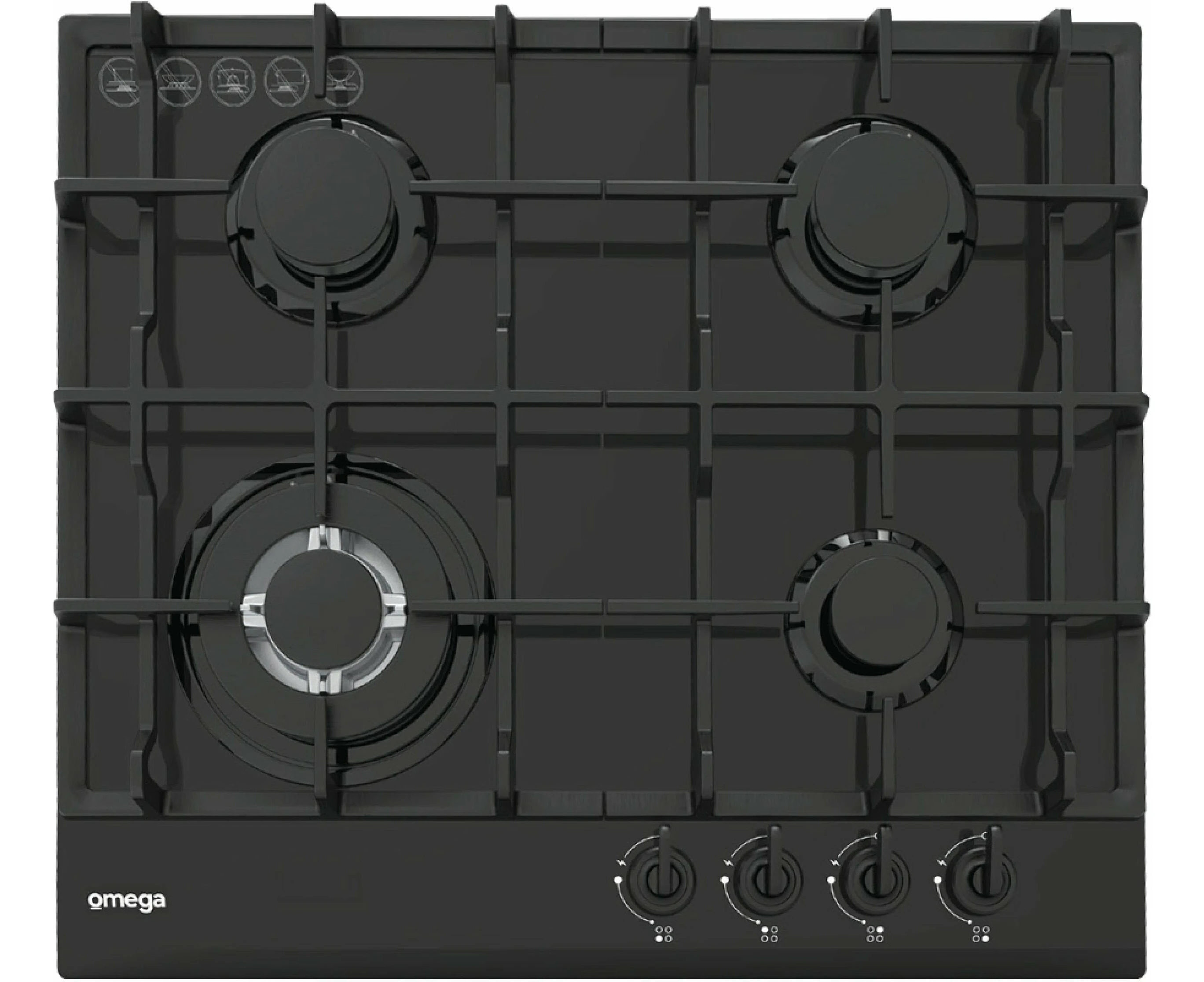 Omega 60cm 4 Burner Black Glass Gas Cooktop OCGG64COM