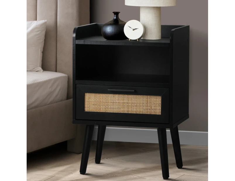 Oikiture Bedside Table Drawer Side End Table Storage Cabinet Nightstand Rattan